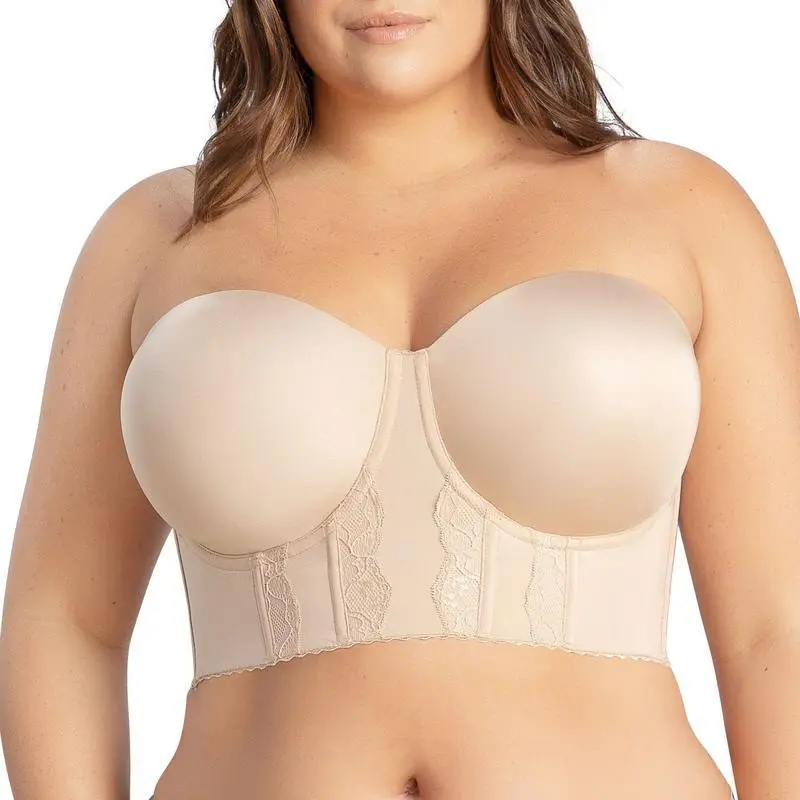 Women's Non-slip Full Bust and Full Figure Supportive Seamless Foam Padded Strapless Longline Bra and Bustier Top
