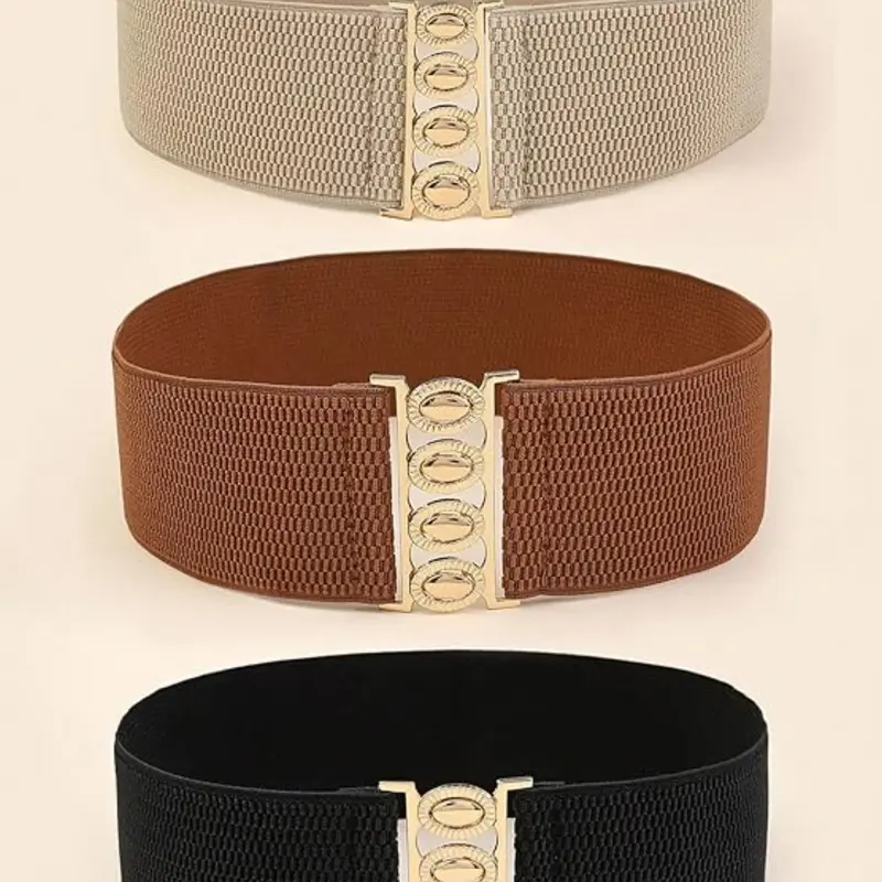 Women's Wide Elastic Waist Belt Set of 3, Vintage Stretch Dress Belts with Buckle, Casual Style for Dresses, Multiple Colors, Fashion Belt