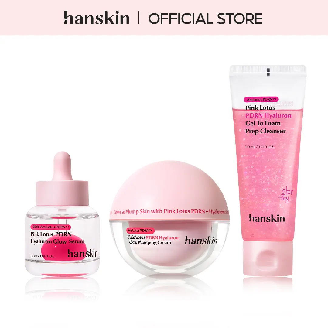 [Hanskin] Pink Lotus Vegan PDRN Glow Routine Set - Hyaluron Serum 30ml + Glow Cream 50ml + Gel-to-Foam Cleanser for Hydration, Gentle Cleansing & Glass Skin Glow
