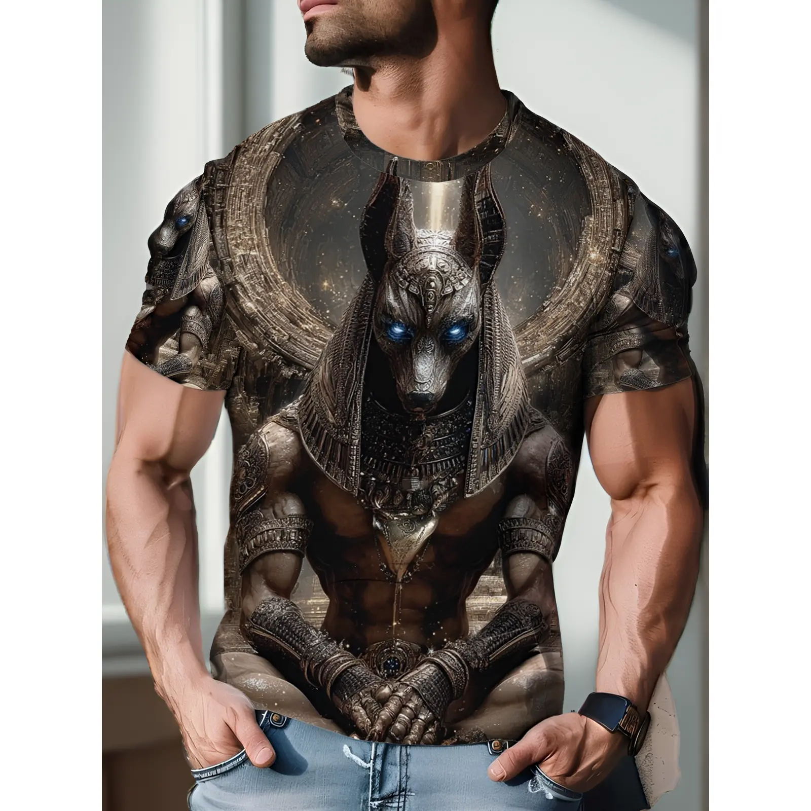 Ancient Egyptian Anubis God T-Shirt for Men Mythology Print Graphic Tee Perfect for Casual Wear Party Festival And Gift Giving on Halloween Christmas Birthday And Special Occasions Ideal Egyptian Culture Enthusiast Apparel, PLUS SIZE