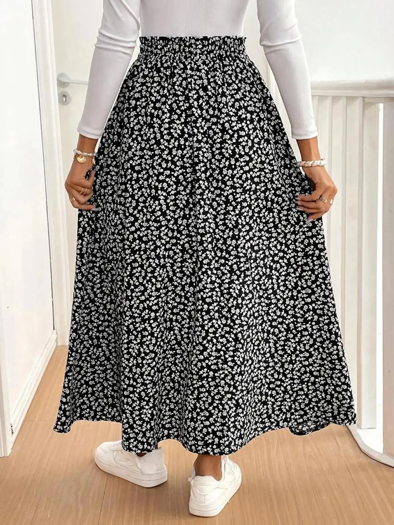 Plus Size Ditsy Floral Print Long A Line Skirt for Women Boho Fashion Casual Daily Wear Holidays Vacations All Seasons Plus Size Clothing Flowy Maxi Skirt