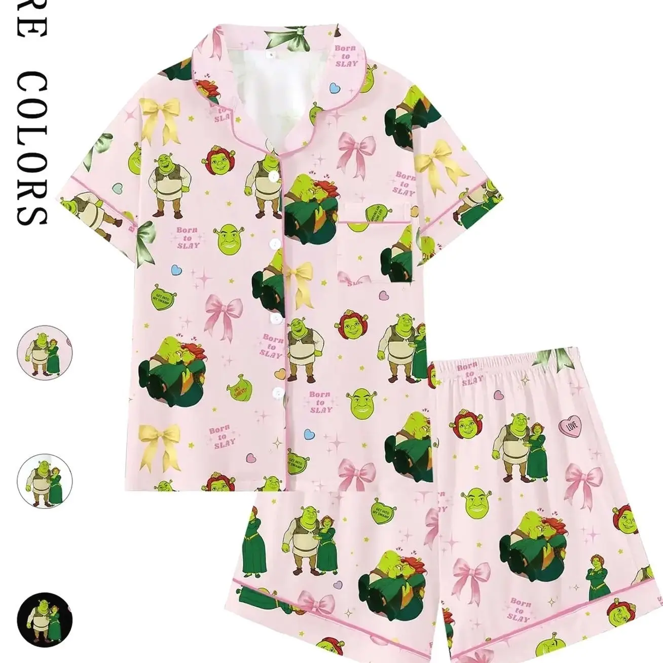 Teen Shrek Movie Cute Cartoon Print Bow Collar Short Sleeve Pajama Set Pyjamas Pjs, Comfortable Fashion Sleepwear Loungewear for All Seasons, Princess Fiona Gift, Loose-Fitting