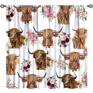 Highland Cow Curtains Western Farmhouse Cute Highland Cattle Art Printed Blackout Window Drapes for Bedroom Kitchen Decor Fabric Set 2 Panel ,Mother's Day Gifts,Summervibes Home Textile