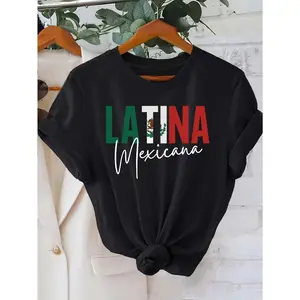 [100% Cotton] Women'S Latina Mexicana Graphic T-Shirt - Black Short Sleeve Crew Neck Casual Top With Bold Letter Print & Mexican Flag Design, Perfect For Spring & Summer, Stylish Casualwear |   Shoulderbaring Top |   Stretchy Polyest T-Shirt For Men And W
