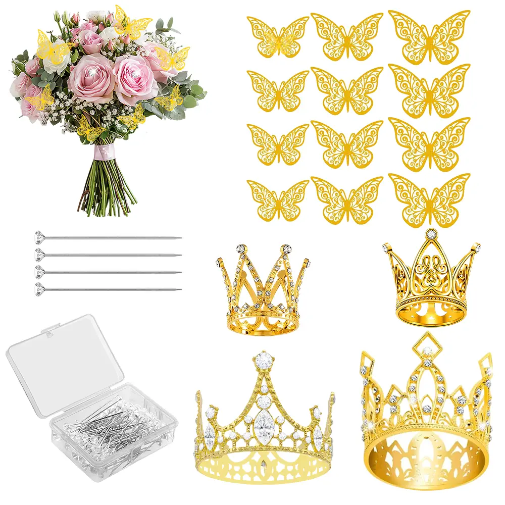 66Pcs Floral Decoration Set with Flowers - 4 Mini Gold Crowns, 12 Shiny Gold Butterfly Stickers, 50 Diamond Pins for Cake Toppers, Wedding & Birthday Events - Home Improvement Building Supplies Wallpaper & Wall Trim Accessories