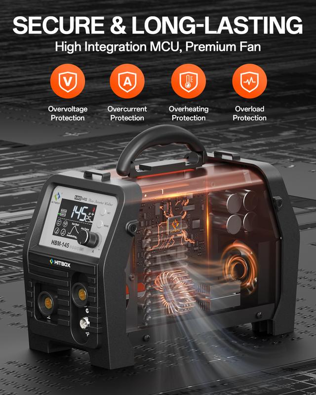 HITBOX HBM145 Mig Welder 110V/220V Upgraded 145A 4-in-1 Gasless MIG/Lift TIG/MMA with Spool Gun & LED Display for Home & Professional Use