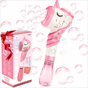 004-PP  Bubble Machine Wand Gifts for Kids Toddlers Age 1 2 3 4 5 6 7 8 Years Old Birthday Party Unique Cute Baby Outdoor Outside Unicorn Summer Toy Easter Day Game for Little Girl Boy Include Solution Pink