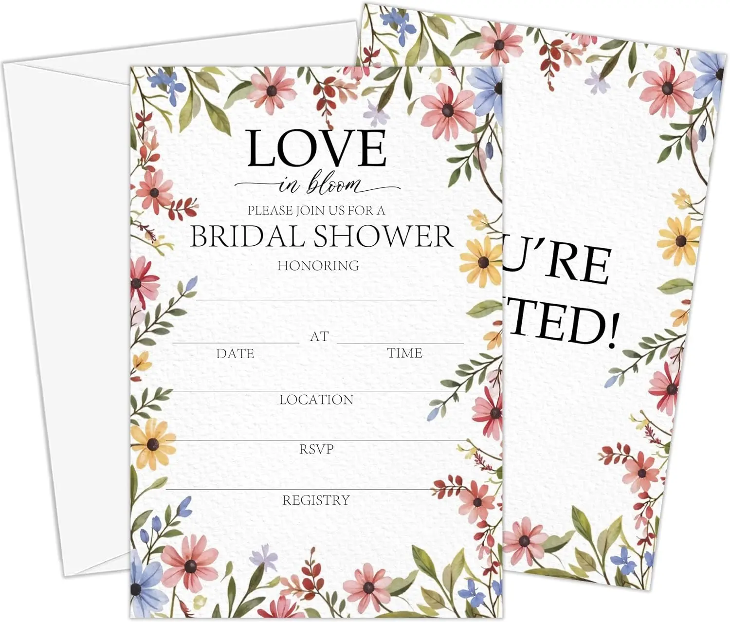 Love in Bloom Bridal Shower Invitations | Spring Wildflowers Floral Bridal Shower Invites, 4x6 Set of 25 Wedding Invitations with Envelopes-A01