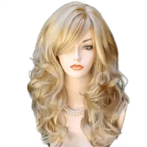 24" Blonde Wavy Wig for Women, Natural-Looking Synthetic Hair, Adjustable Medium Length Curly Wig with Wig Cap, Soft & Realistic, Heat Resistant Fiber