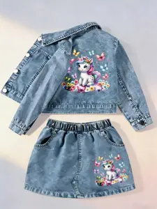 Girls' Unicorn & Butterfly Pattern Denim Jacket + Skirt Set, Denim Skirt Sets, Casual Fitted Design, Perfect for Spring & Fall
