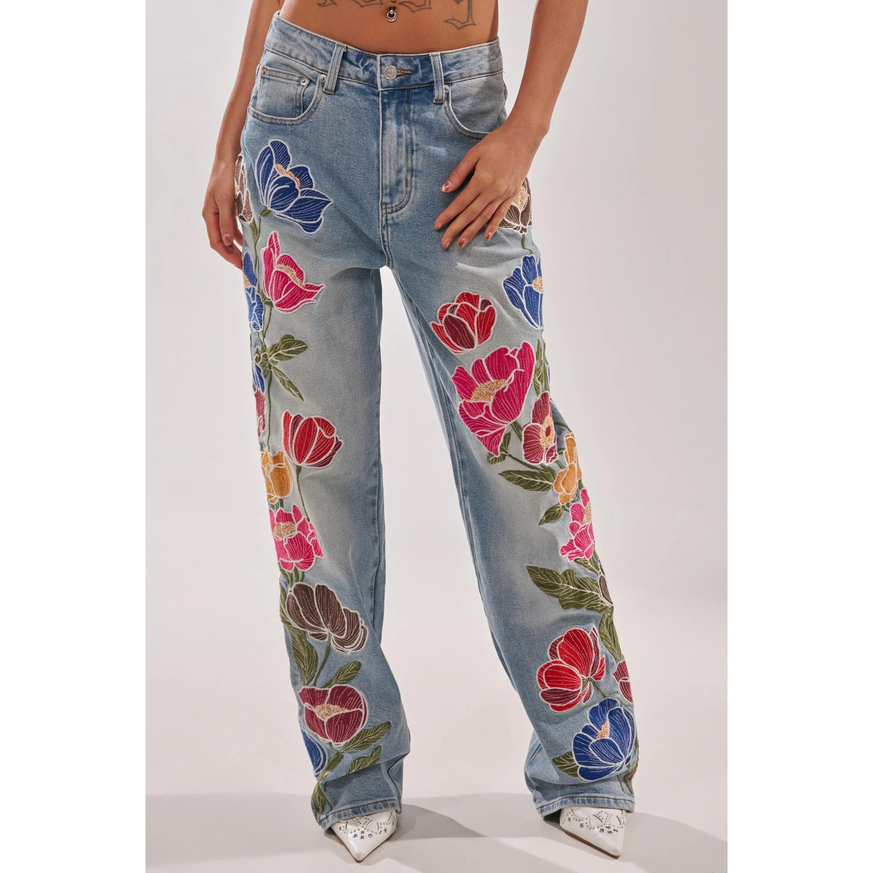 flower embroidered jeans - TikTok Shop