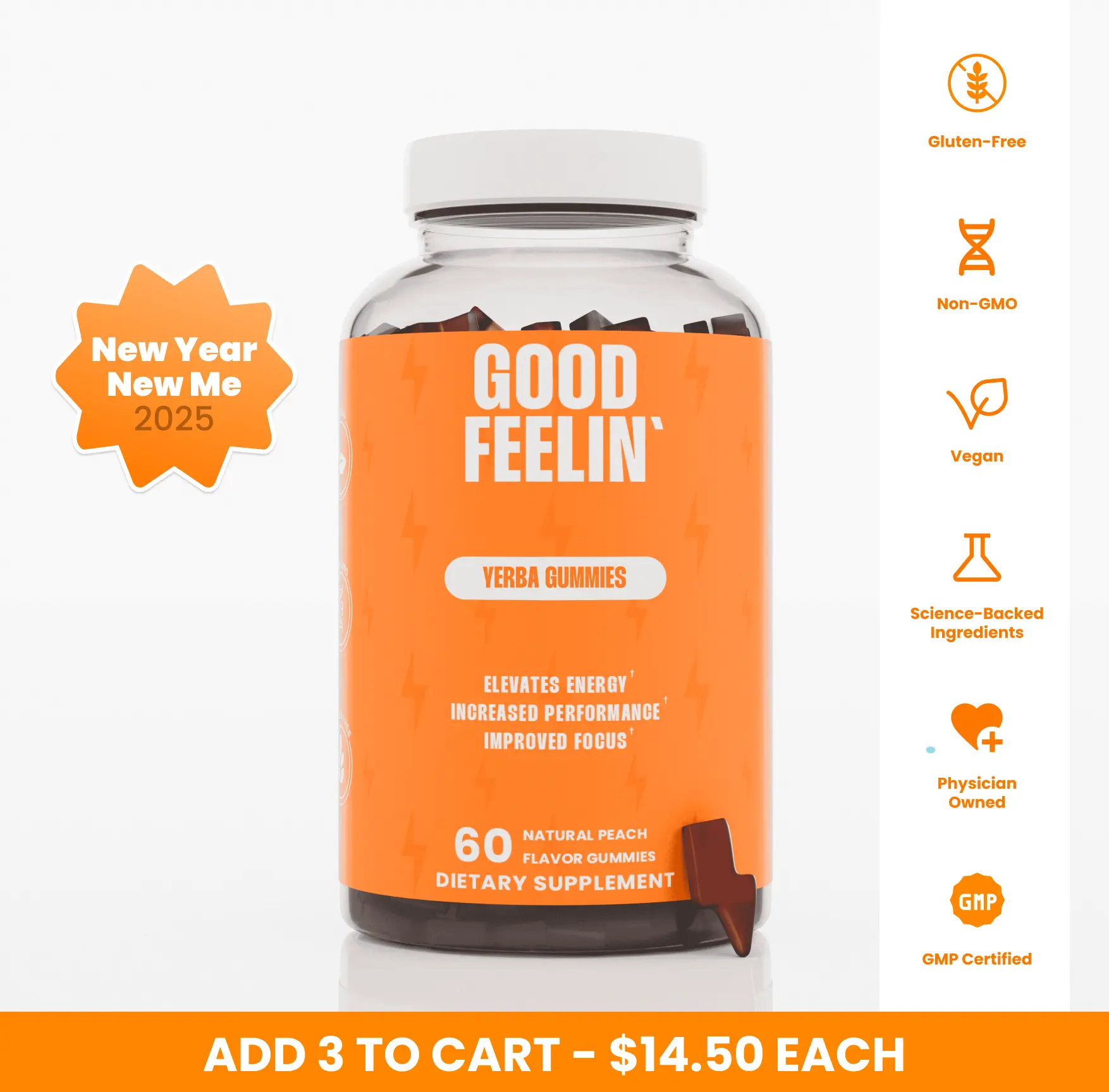 Good Feelin' - 100% Natural Yerba Mate Gummies with Matcha, Green Tea, Cordyceps, Guarana, Goji Berry - Made in USA 60 Natural Gummies Edible Fitness