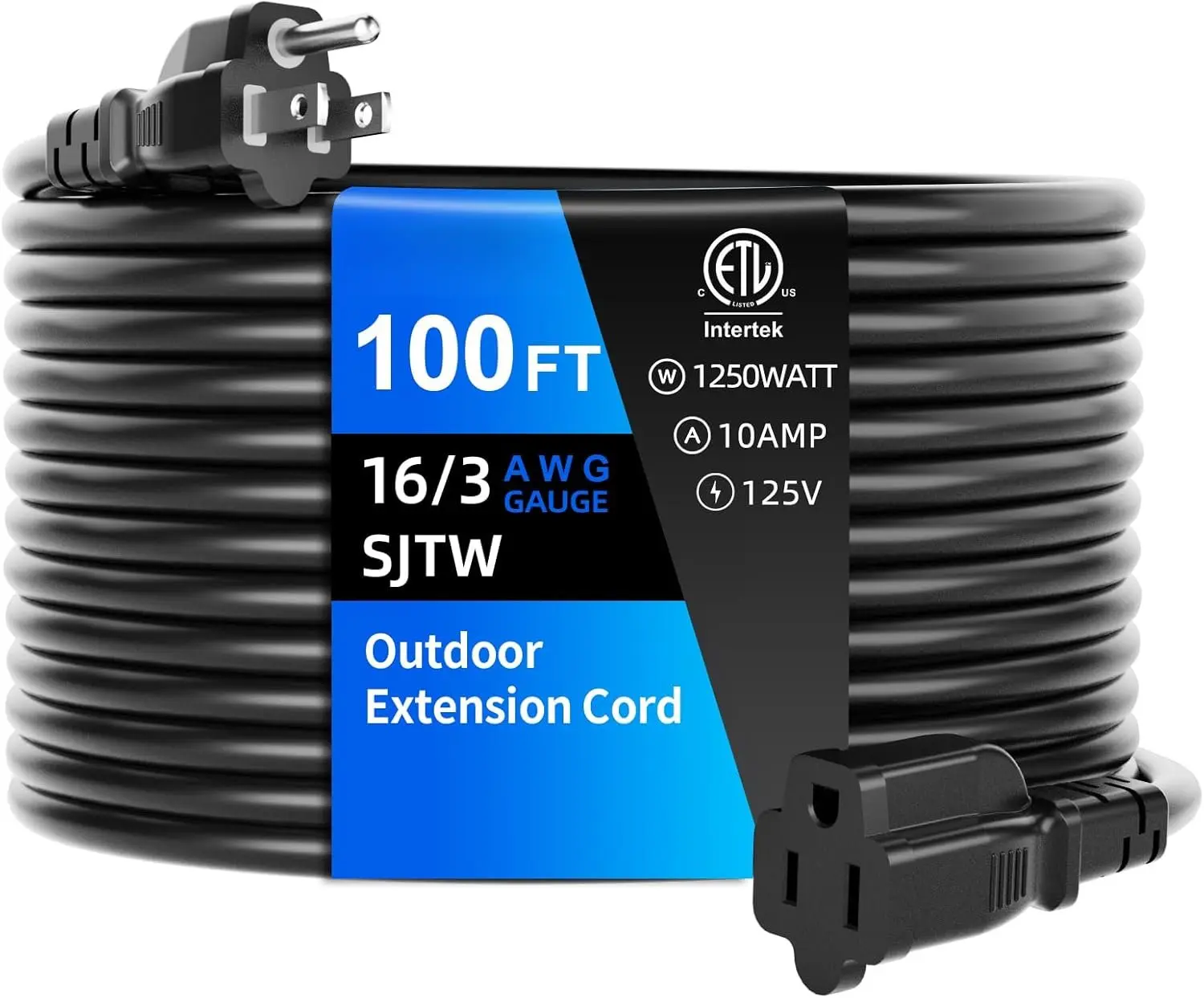 100 FT Outdoor Extension Cord , Black, 3-Prong Power Cord, 16 AWG SJTW, 10A 1250W, Grounded, General Purpose Long Extension Cord for Lawn & Garden, ETL Listed