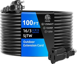 100 FT Outdoor Extension Cord , Black, 3-Prong Power Cord, 16 AWG SJTW, 10A 1250W, Grounded, General Purpose Long Extension Cord for Lawn & Garden, ETL Listed