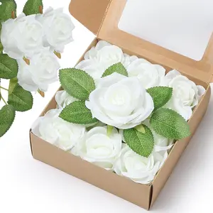Artificial Flowers 24 Item Artificial Silk Flowers with Stems Realistic Roses Bouquet for DIY Wedding Bouquets Valentines Day Decorations Home Wedding Decoration 12 Rose with 12 Green Leaves (White) flower bouquets room decor for men