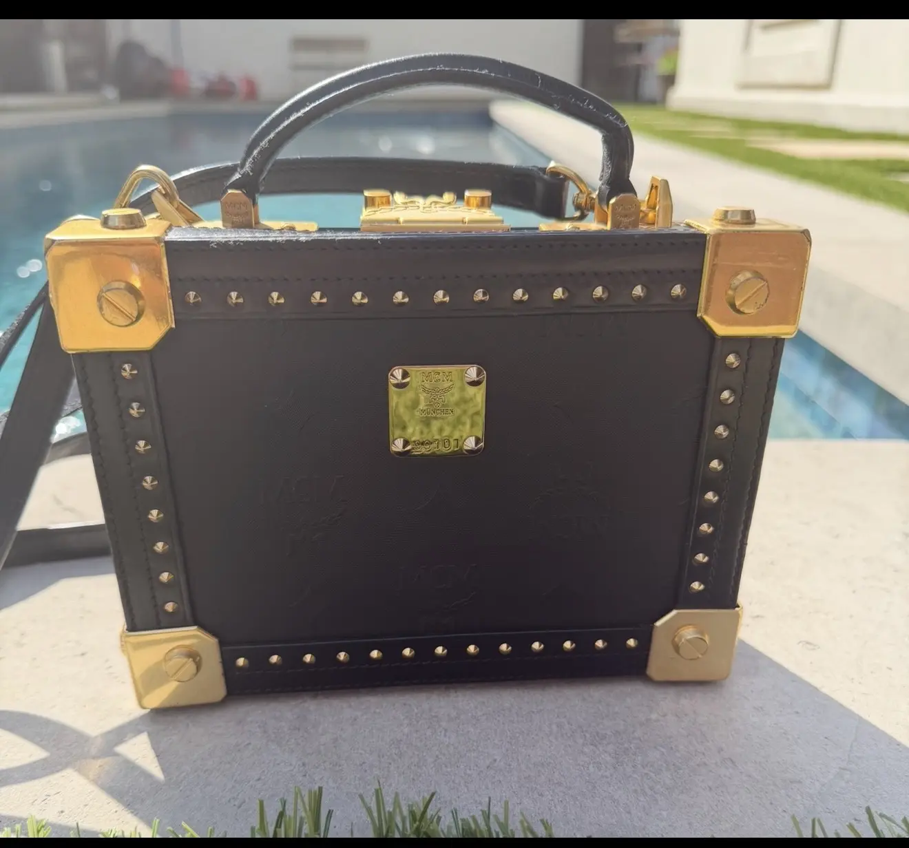 Pre-owned MCM Leather trim Crossbody Bags Small Visetos Berlin Crossbody Hard Trunk Bag
