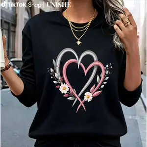 Relaxed Fit Women's Sweatshirt with Pink Floral Hearts - Long Sleeve Casual Essential for Spring Fall