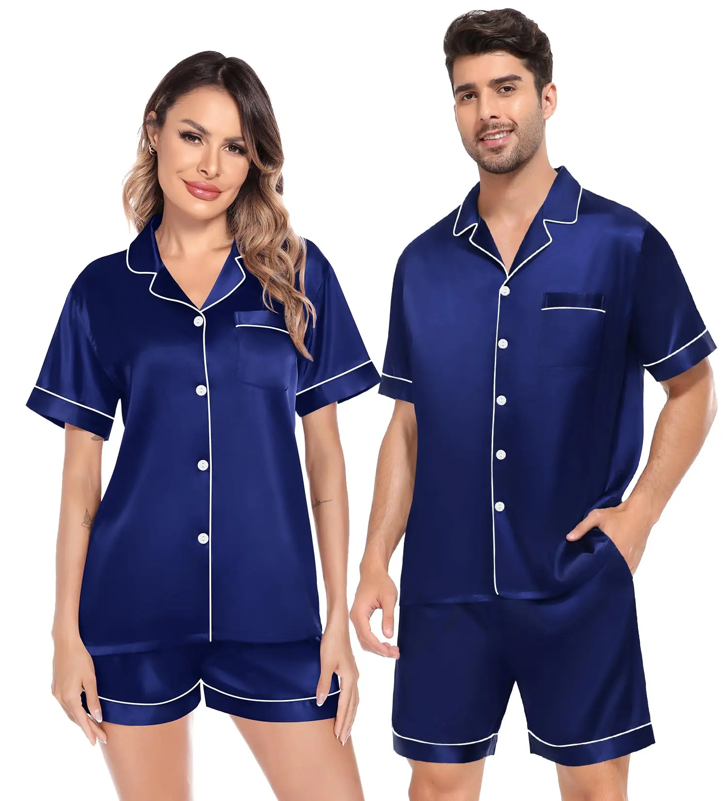 SWOMOG Satin Matching Pajama Sets for Couples, Silk Button-Down Nightwear for Women & Men, Short Sleeve Sleepwear, 2-Piece Loungewear