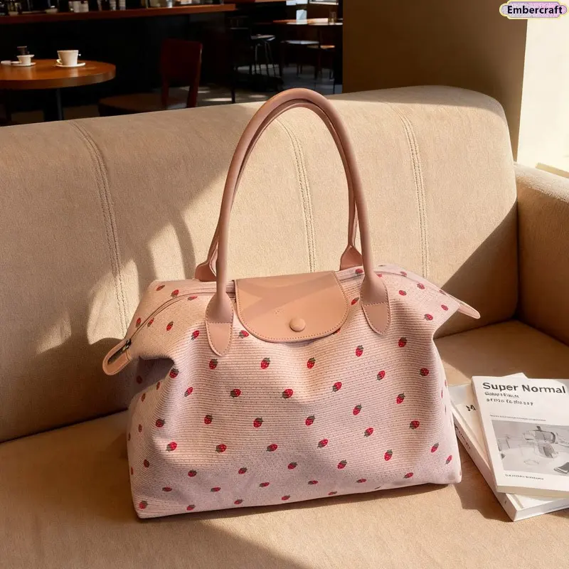 Women's Strawberry Floral Print Lightweight Large-Capacity Tote Bag - Beach Tote, Shoulder Bag for Weekend Travel & Gym Use, Casual Everyday Carry-on Handbag