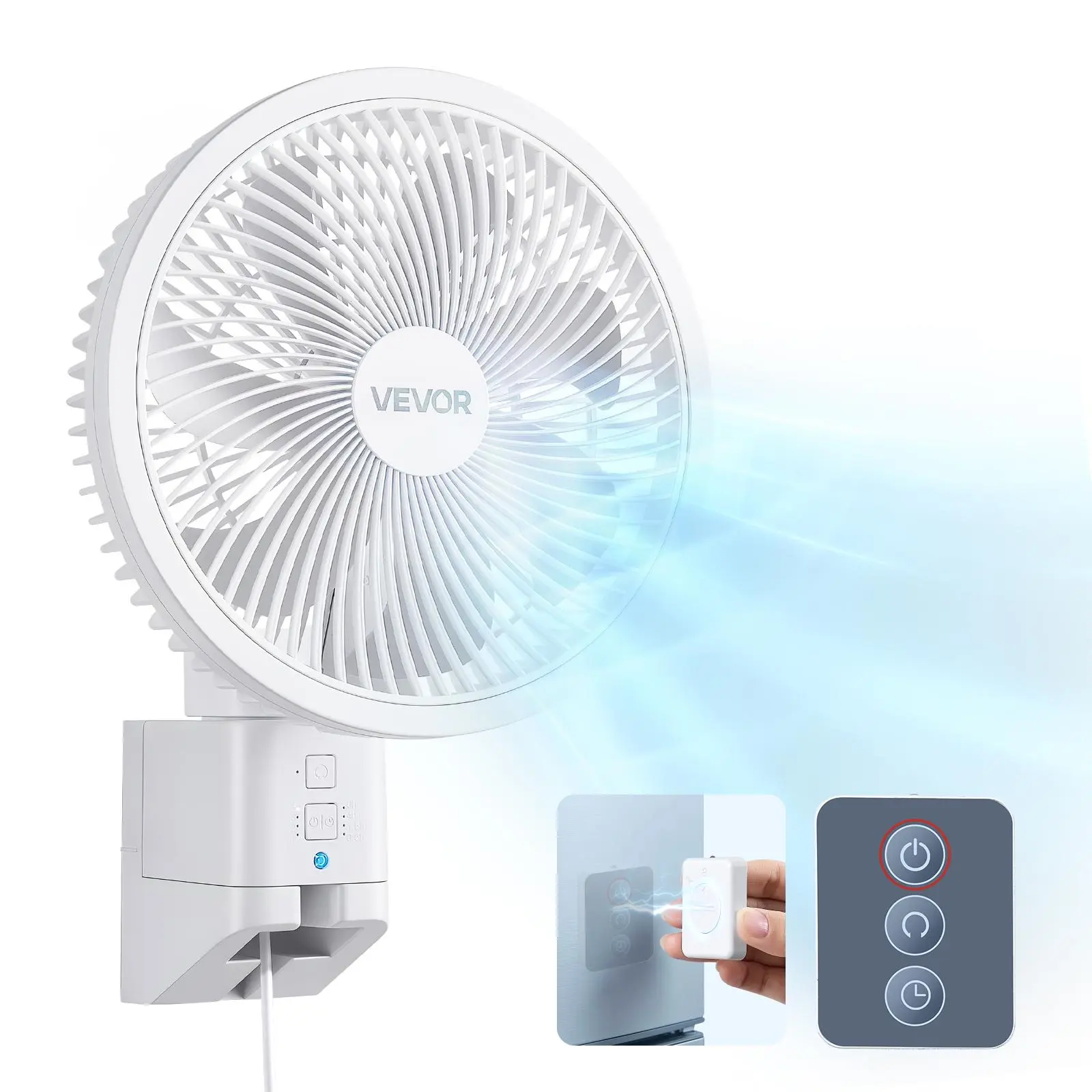 VEVOR 8.5 in Wall Mount Adjustable Cooling Fan - Automatic Oscillating High Power Fan with Remote Control, 10 ft Airflow, DC Motor, 4 Speeds, Timer, 90° Horizontal Auto Tilt, Vertical Manual Tilt, Cordless, Ideal for Running, Stay Cool