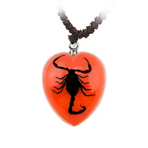 Red Heart Shaped Pendant Necklace with Real Black Scorpion