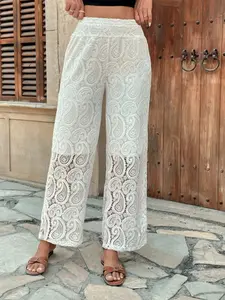 1 Women's Retro Paisley Lace Wide-Leg Pants with elastic high waist & cutout pattern detail, for young women, suitable for autumn and winter, ideal for home, indoor and outdoor wear