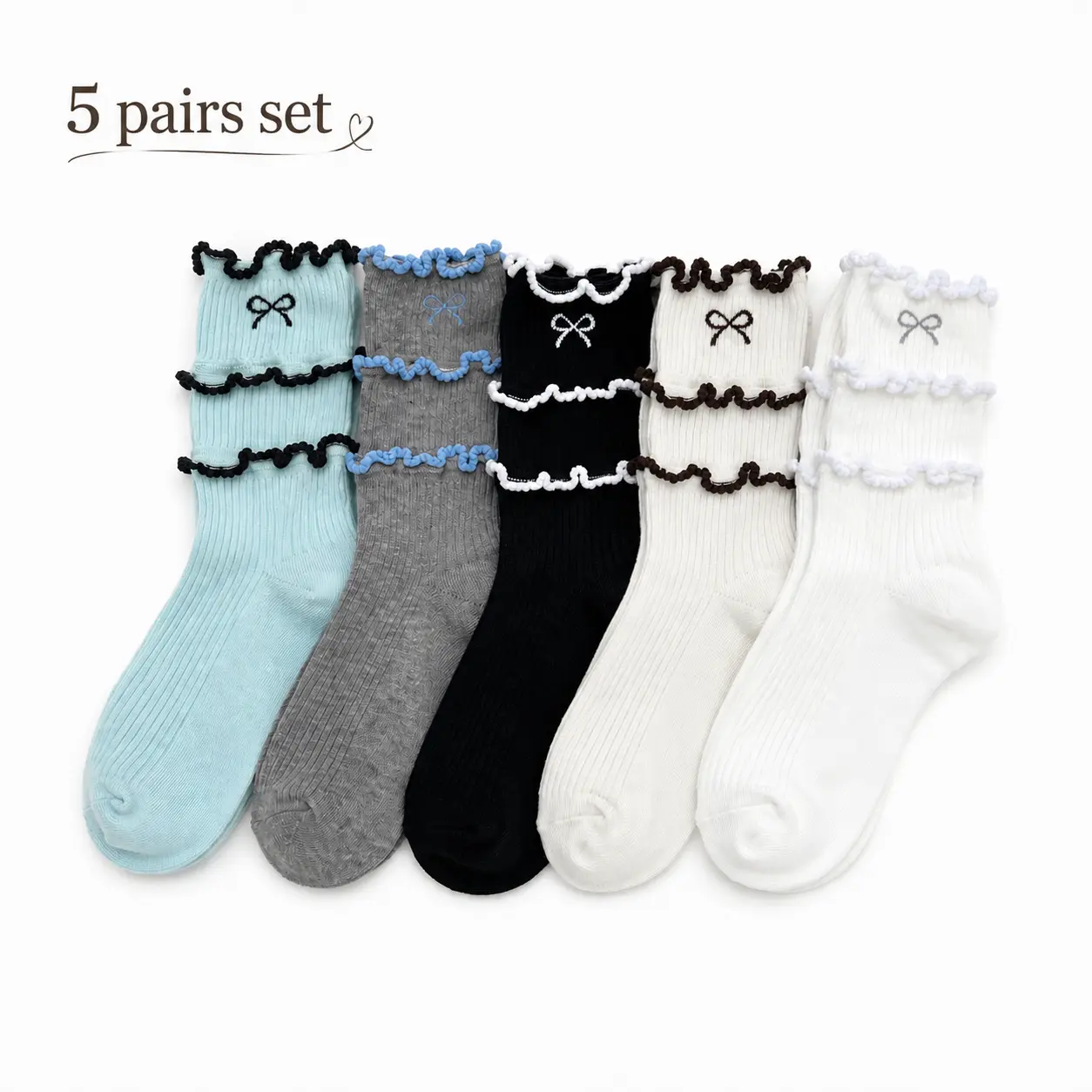 Women's 5-Pair Cute Korean Feminine Fashion Socks - Stretchy Ribbed Lace Fabric, Elegant Embroidered Bow, Breathable Everyday Sock Set