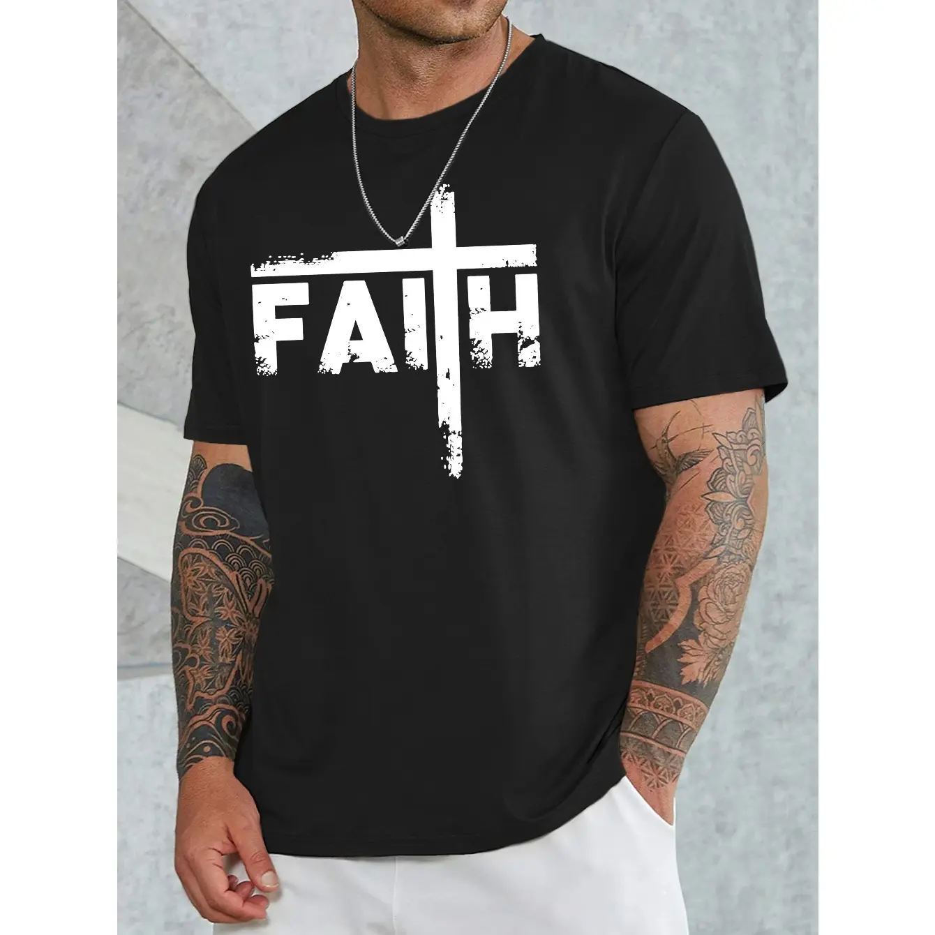 Men's Classic Faith Cross Graphic 100% Cotton Shortsleeve Crew Neck Regular Fit Menswear T-Shirt - Soft Breathable Apparel, Durable Print, Everyday Comfort, Machine Washable, Streetwear Casual Urban Indoor Wear, Round Neck