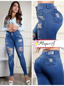J141-8440-Push Up Colombian Jean High Waist Distressed Ripped Denim Jeans for Women with Stylish Pockets