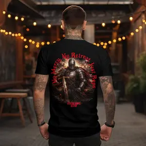 Knight Graphic T-Shirt — "Keep Going" Back Art with 'No Mercy, No Retreat' Design - Inspirational