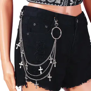 Women’s multi-layer street hip-hop pants chain with crucifix pendant