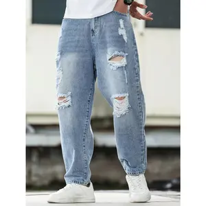 1pc Vintage Ripped Jeans - Distressed Wide-Leg Loose Fit Pants, Beltless All-Season Comfort, Casual Streetwear Style with Ripped Hole Design (No Belt/Hangings), Machine Washable for Easy Care - Male Fashion