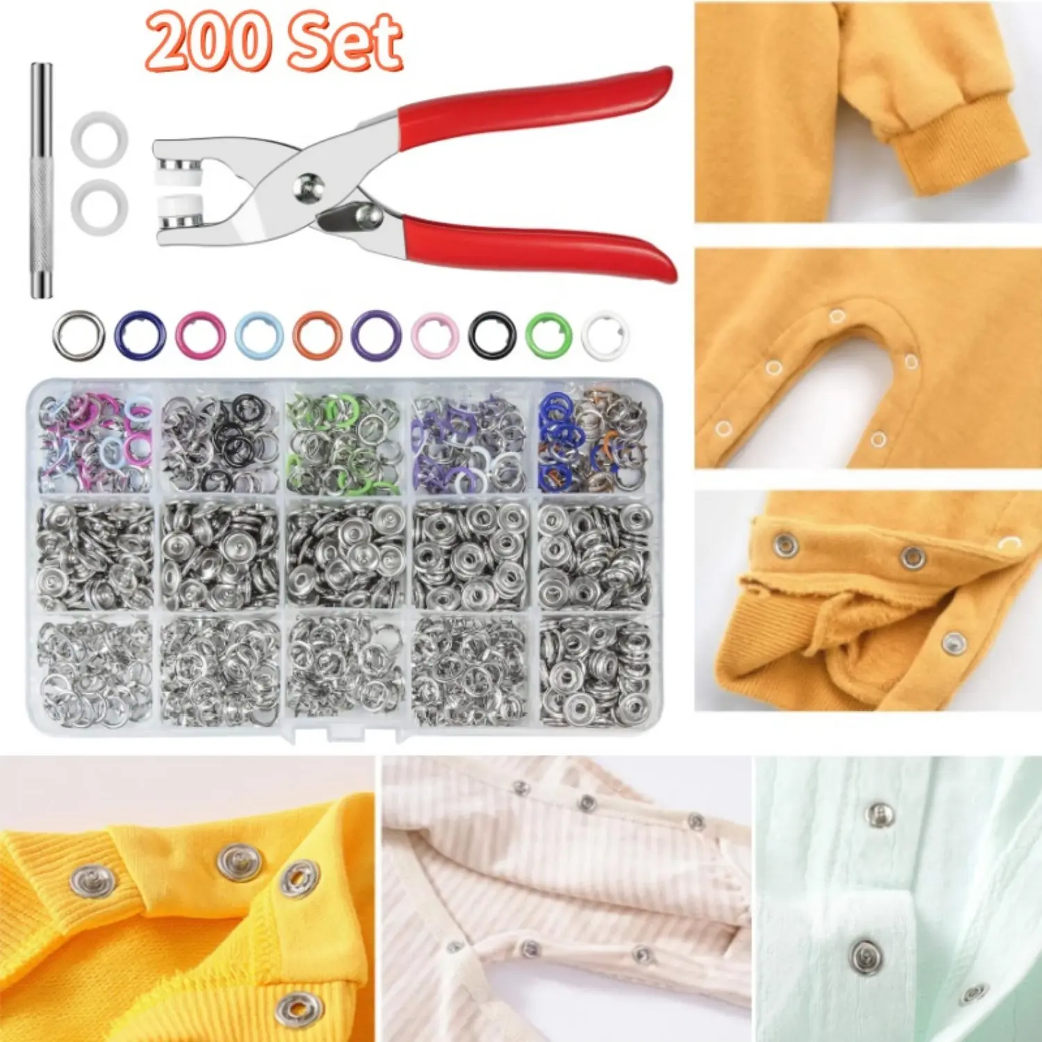 200-Set Portable 9.5mm (0.39in) Anti-Rust Copper Hollow Prong Eyelet Stainless Steel Snaps Kit with Fastener Pliers Press Tool, 10 Colors, for DIY Crafts, Leathercraft - Home Improvement Supplies