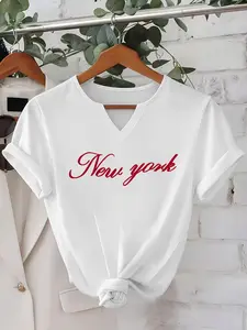 Women's V Neck Short Sleeve T-Shirt, Letter Print, Breathable Comfort, Loose Fit, Ideal for Spring Summer, Casual Style