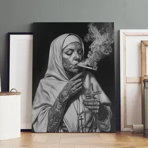 Tattooed Nun Pattern Wooden Framed Canvas Painting, 1 Count Modern Art Poster, Wall Art Decor for Home Living Room Bedroom Office, Ornaments