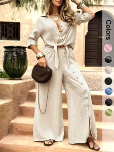Women's Two-Piece Vacation Style Shirt and Pants Set, Tie-Down Hem Shirt with Fake Button Decoration, Wide Leg Pants Set