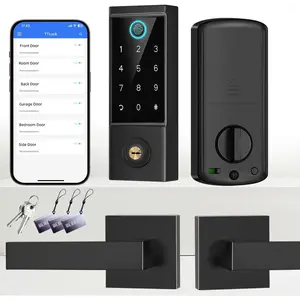 APP Control Fingerprint Lock with Handle, Heavy Duty  Keyless Entry Front Door Lock Set, Keypad Deadbolt with Lever Handles,  Locks for Front Door, Anti-Peeping Password Black