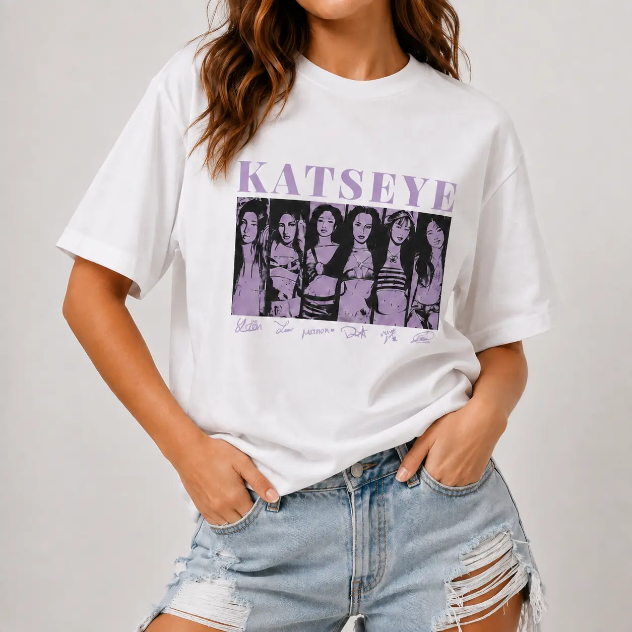 Women's Graphic T-Shirt - Purple Portrait, 6-Member Global Girls Debut Era Y2K Pop Music Streetwear Top