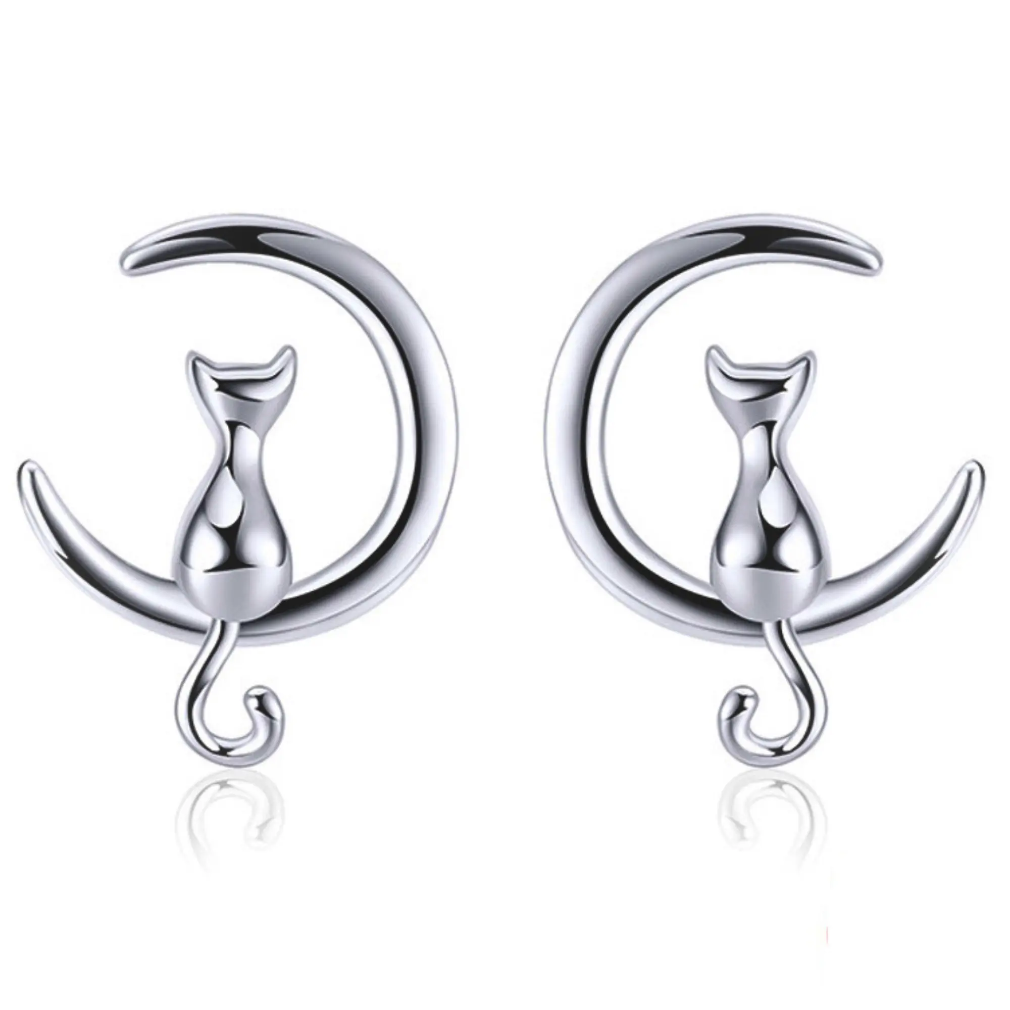 Kitty Cat Sitting On Moon Stud Earrings For Women Sterling Silver Pierced Ginger Lyne Collection Pet Lovers Fashion Jewelry Gifts