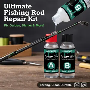 Sikezhan Fishing Rod Repair Kit, 100ML Transparent Epoxy Glue, UV Resistant, Waterproof, Strong Adhesion, Includes Mixing Cup, Syringe, Gloves