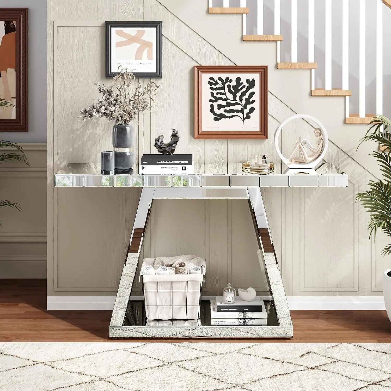 55.9 Inch Modern Luxe Full-Body Mirror Entryway Console Table, Trapezoid Sturdy Wooden Base, 360° Reflective Scratch Resistant Hallway Table with Open Storage for Living Room & Staircase（Silver）