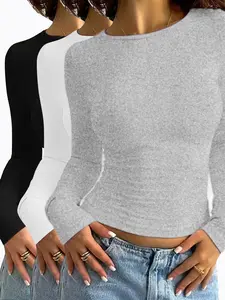 Women's Solid Round Neck Long Sleeve Slim Fitted Tee, Casual Minimalist Basic Style T-shirt for Daily Wear, Ladies Clothes for All Seasons, Cute Tops, Women's T Shirts, Womenswear, Everyday Tshirt