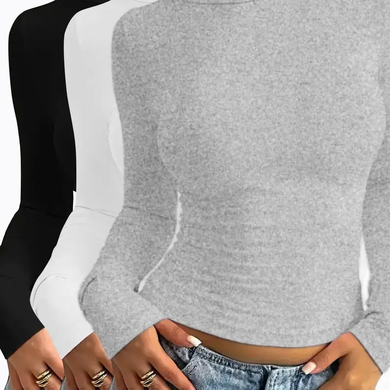 Women's Solid Round Neck Long Sleeve Slim Fitted Tee, Casual Minimalist Basic Style T-shirt for Daily Wear, Ladies Clothes for All Seasons, Cute Tops, Casual Wear Clothing, Women's T Shirts, Womenswear, Everyday Tshirt, Fabric, Casual Fashion Top