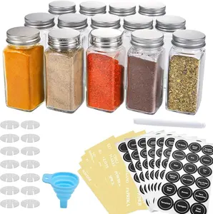 14 glass spice cans with spice labels -4 oz (approximately 113.4 g) empty square spice bottle - Shake cup lid and sealed metal lid - Foldable funnel with chalk and silicone