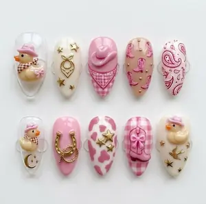 Pink Cowgirl Press On Nails 3D Cowboy Duck Pink Cow Print Gingham Western Bold Star Bow Charm