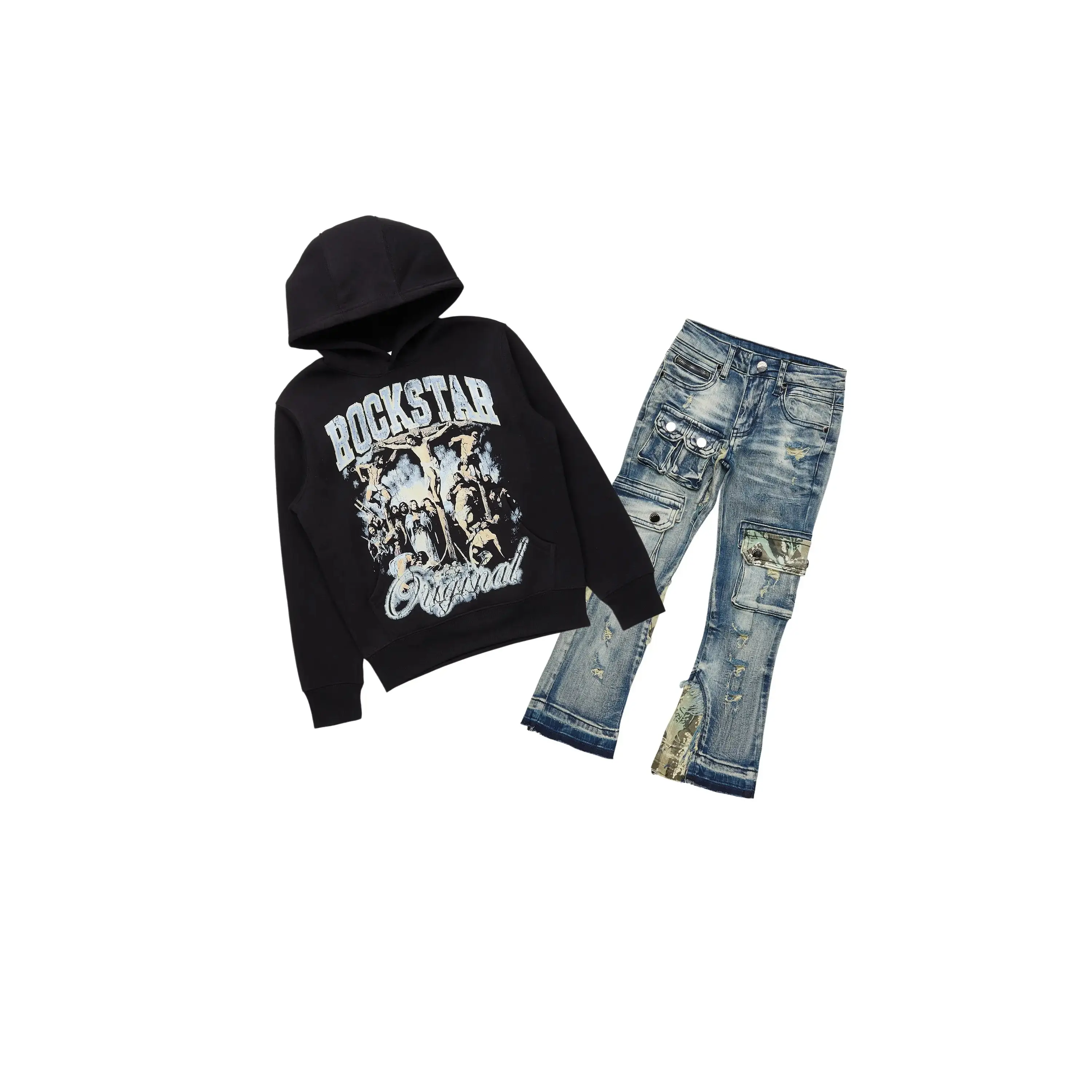 Boys Waller Black Hoodie & Zeta Blue Stacked Jean Set