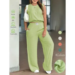 Two-pieceSetWomen'sSolidColorLinenTankTop&WideLegPants,CasualFashionCozyBreathableMinimalistOutfitsforDailyOutdoorWear,LadiesClothesforSummer,BasicWomenswear