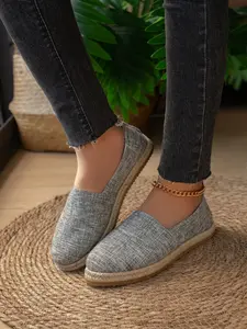 Linen Straw Shoes for Women, Slip-On Fisherman Sandals, Breathable Anti-Slip Rubber Flat Casual Sneakers Walking Shoes, Spring Summer Versatile Lazy Shoes