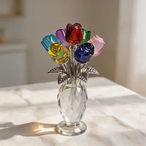 Rainbow Crystal Rose Bouquet (5.7") with Vase - Color Changing K9 Crystal Flower Gift, Romantic Summer Vibes, Valentine's Day & Anniversary Surprise for Her, Desk Decor