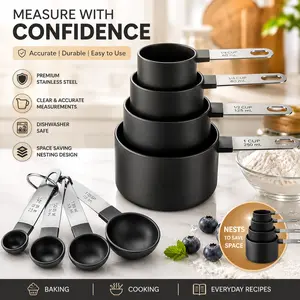 Stainless Steel Measuring Spoons and Cups Set - 8 Metal-Handled Detachable Hanging Kitchen Utensils for Baking, Coffee Preparation, Measuring Cups
